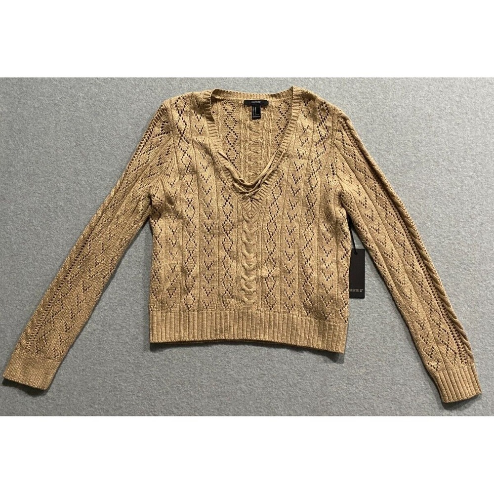 Forever 21 Women's Long Sleeve Tan Cropped Tie Front Sweater Size M New!